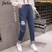 Jielur S-5XL Высокая Талия Свободные джинсы с аппликацией в виде Для женщин с мультяшным котом Повседневное Кот Pantolon осень модные Универсальные джинсы Кей-поп Femme