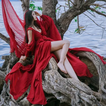 

NEW 2020 summer Women Dress elegant vintage red long dress Linen off-the-shoulder retro solid dresses