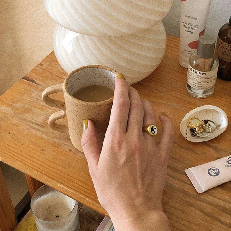 Peri'sBox Textured Circle Square Black Enamel Rings Yin and Yang Geometric Rings for Women Vintage Stainless Steel Jewelry 2020