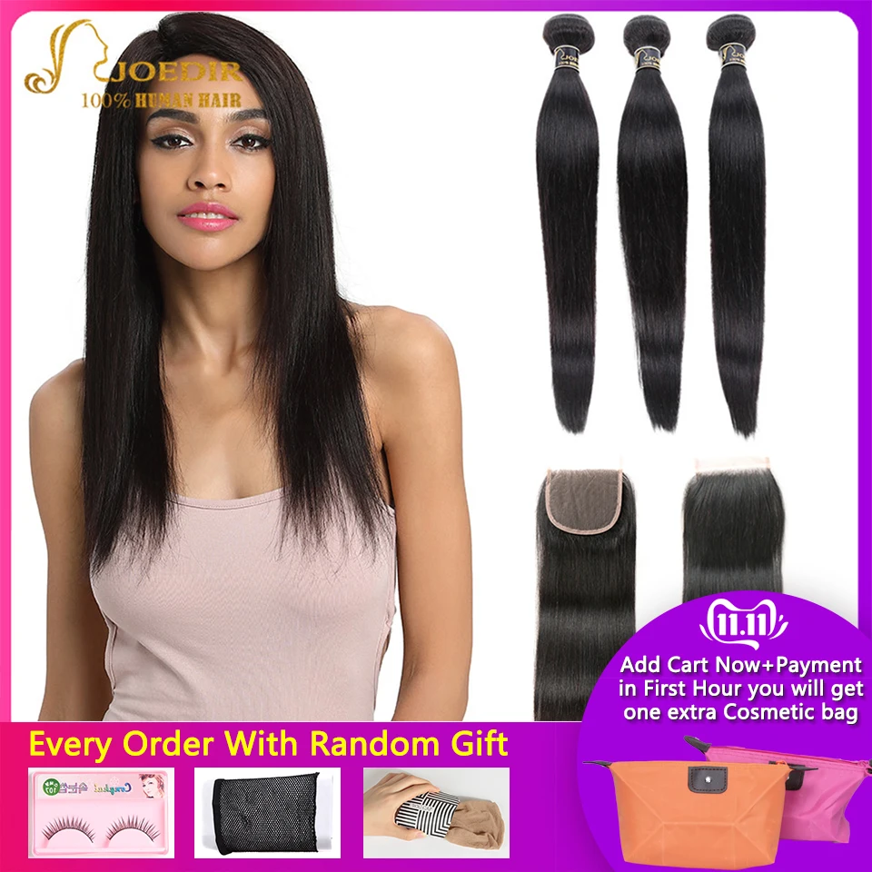 Billig Joedir Haar Menschliche Haarwebart 3 4 Bundles Mit Verschluss Brasilianische Gerade Weben Nicht Remy Haar 28 30 Zoll Bundles mit Verschluss