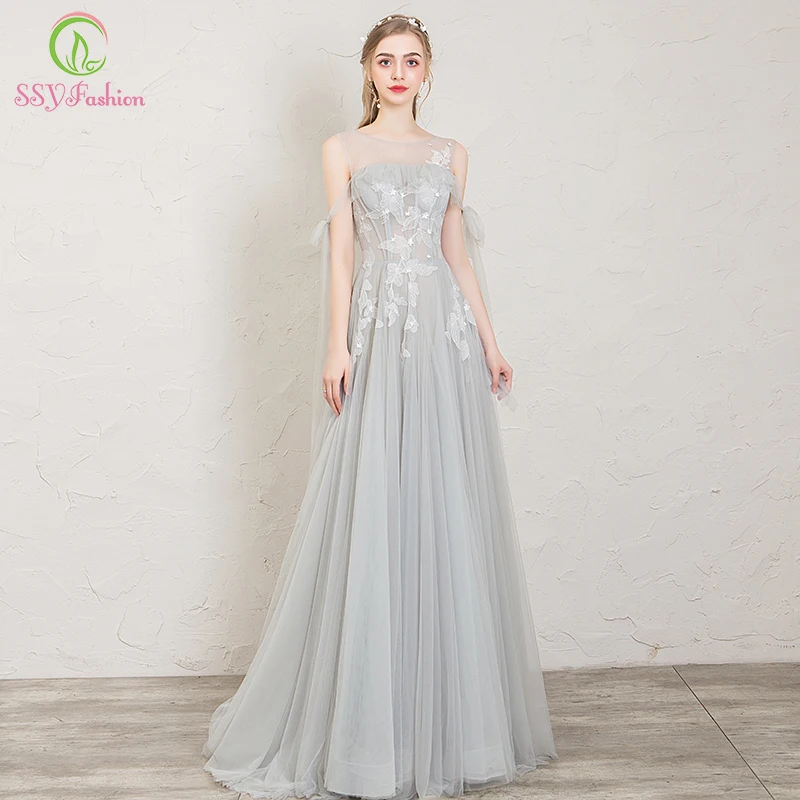 

SSYFashion New Grey Evening Dress Banquet Elegant Lace Appliques Formal Prom Gowns Special Occasion Dresses Vestidos De Noche