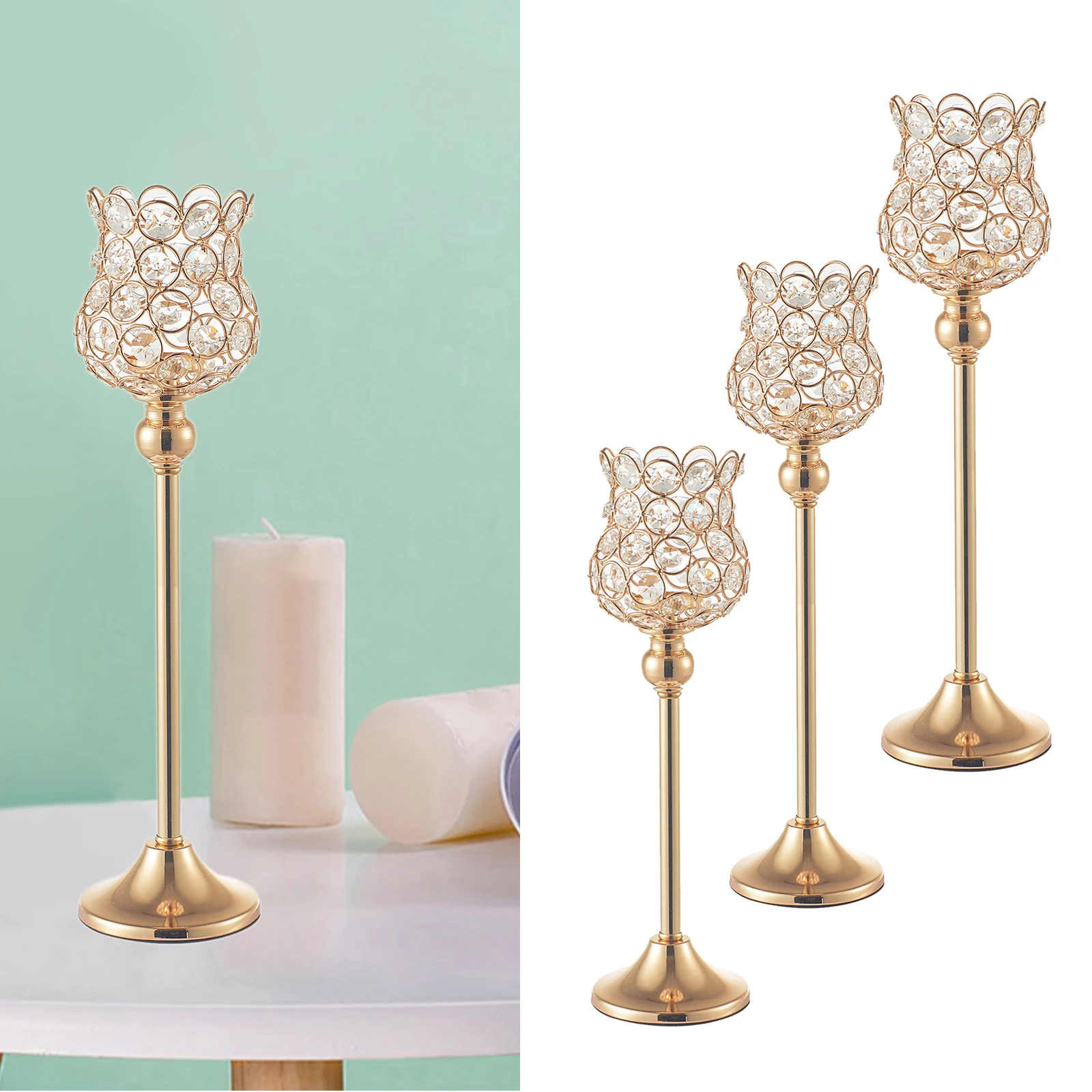 Vintage Crystal Tea Light Candle Holder Gold Wedding Dinner Table Flameless Candelabra Pillar Candlesticks Party Candles Lantern