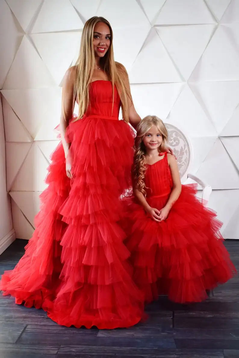 Red Tiered Ball Gown Mother Daughter 