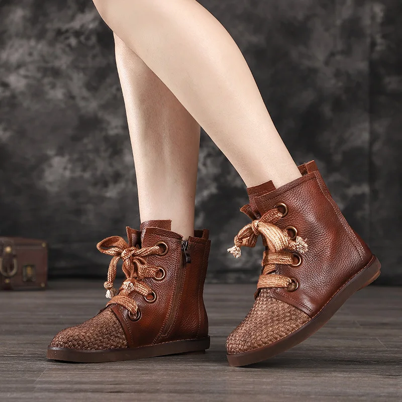 

Artdiya Original Autumn and Winter Genuine Leather Flat Bottom Handmade Women Short Boots Lace-up Woven Hemp Soft Ankle Boots