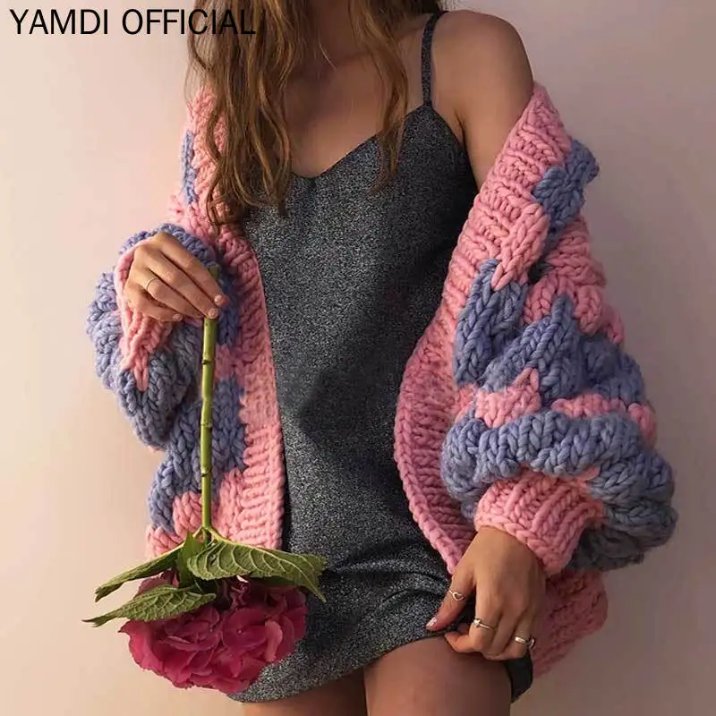 YAMDI, Радужный кардиган, свитер, пальто, длинный вязаный свитер с пышными рукавами, Женский Повседневный уличная одежда свободного кроя, mujer,, Подиум