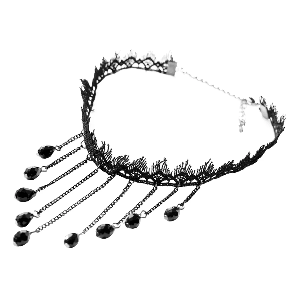 Wedding Party Beads Rhinestone Tassels Chain Pendant Gothic Necklace for Women Vintage Punk Black Lace Choker 