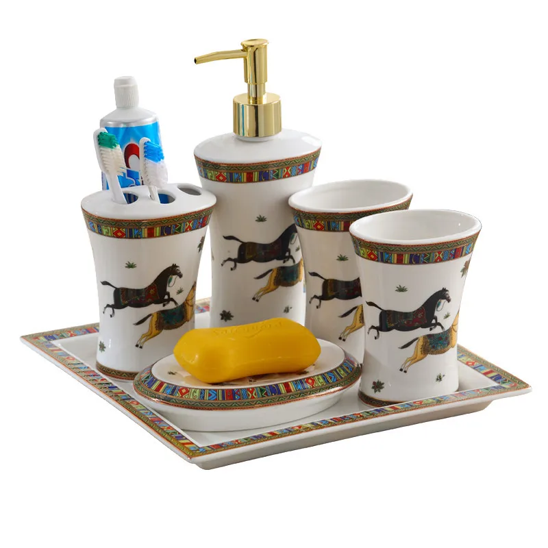 6 pieces set Набор аксессуаров для ванной комнаты, керамический мыльный диспенсер для посуды, держатель для зубной щетки, роскошные Товары для ванной комнаты, набор из 5/6 предметов, свадебный подарок - Цвет: 6 pieces set