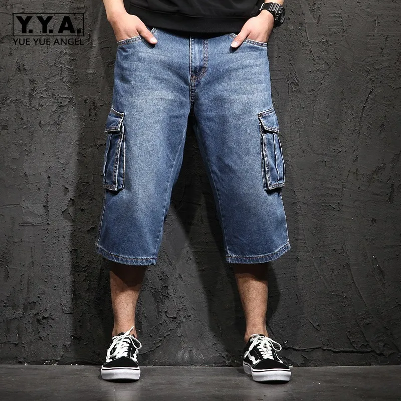 

Casual Mens Shorts Jeans Men Summer Big Pockets Shorts Plus Size 48 Baggy Denim Trousers Male Calf Length Loose Fit Harem Pants
