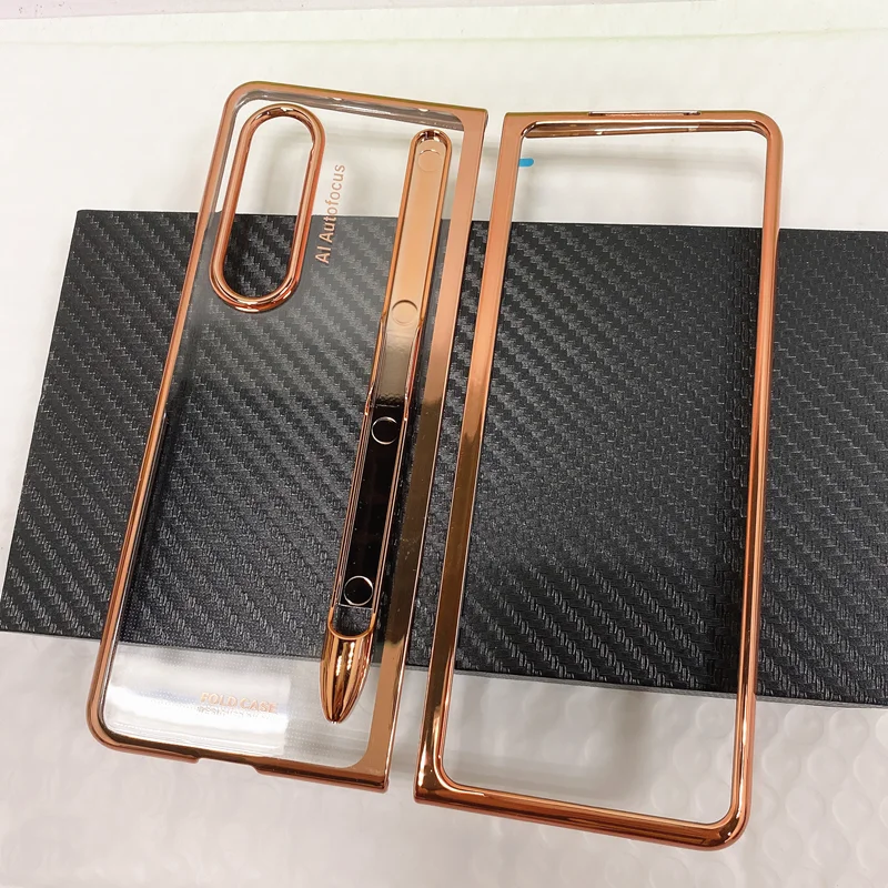 Plating Frame Transparent Case With Pen for Samsung Galaxy Z Fold 3 S Pen Slot Holder Cover Hard Plastic Clear Back Case samsung silicone case