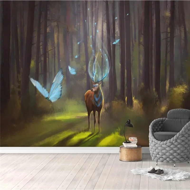 

Custom wallpaper mural photo wall beautiful fantasy elk forest nordic background wall butterfly highly waterproof material