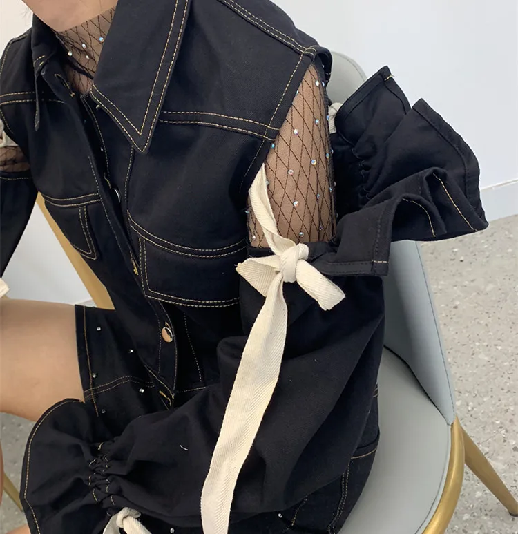 WHITNEY WANG Осенняя модная уличная дизайнерская Стильная джинсовая куртка со съемным рукавом на шнуровке женская джинсовая куртка