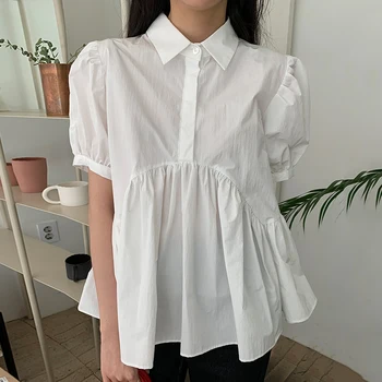 

ZCSMLL Korean chic simple wild POLO collar loose hem wrinkle design sense casual bubble sleeve doll shirt female tide