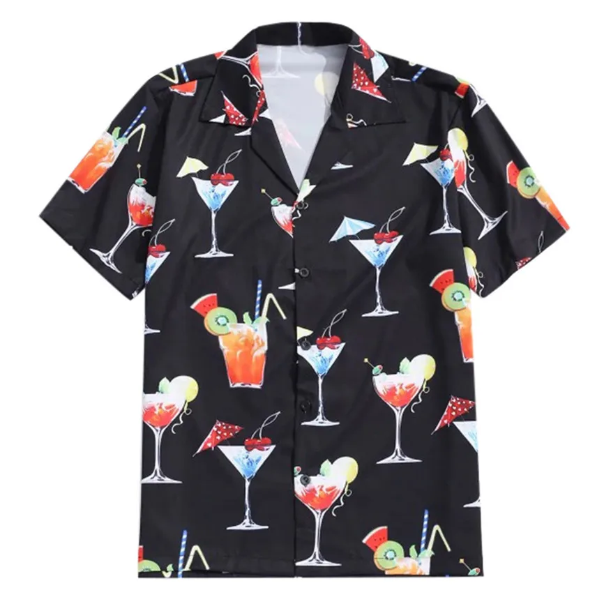 Camisa Masculina Manga Curta, мужская летняя модная Гавайская Повседневная рубашка с коротким рукавом, с отворотом, с мультяшным принтом напитков, мужские рубашки Coton