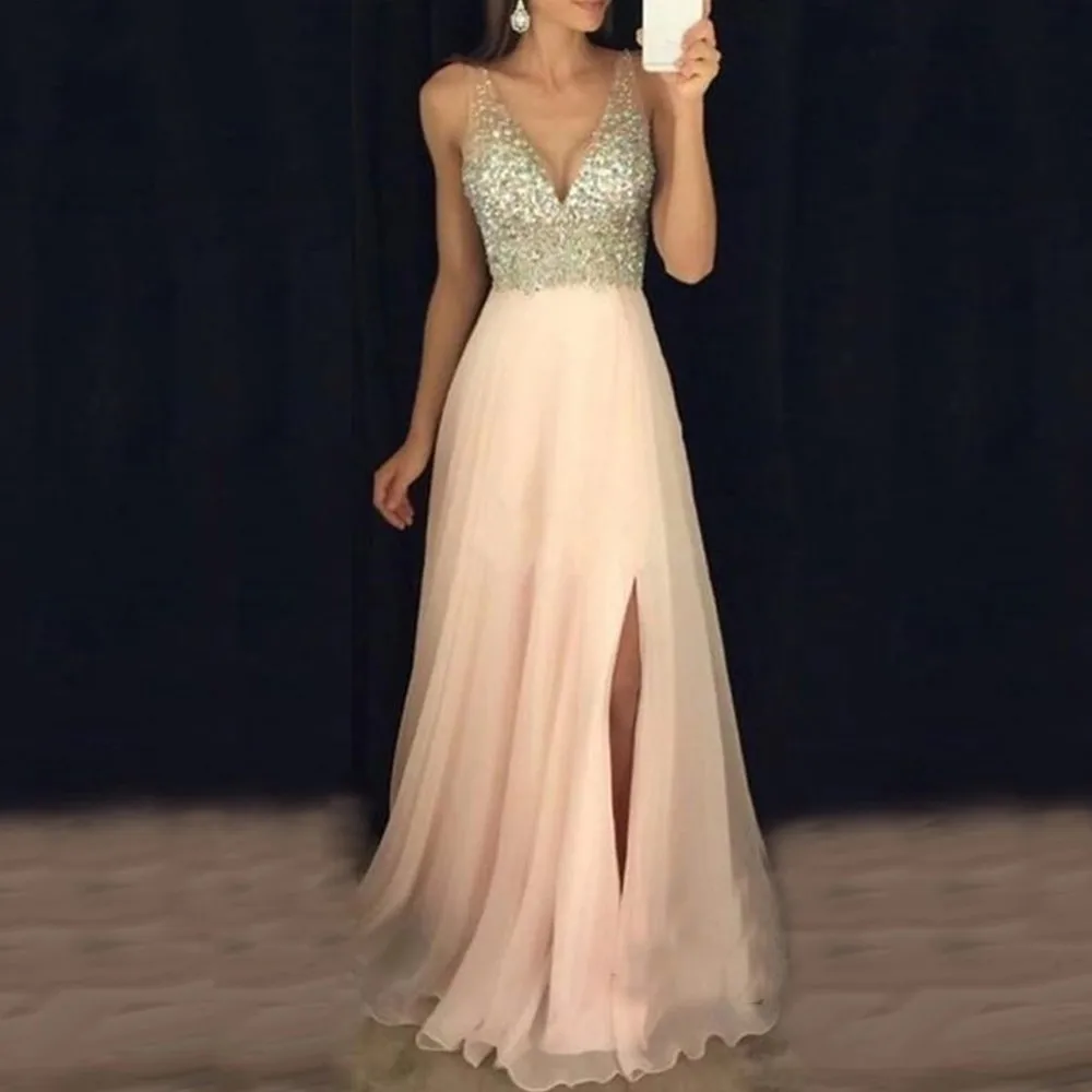 Blush-Pink-Elegant-2020-Evening-Dress-Diamond-Crystal-Beaded-Sexy-V-neckline-High-Slit-Chiffon-Prom