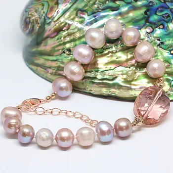 

Newly purple natural 8-9mm freshwater pearl round beads oval crystal special diy women gift bracelet jewelry B1408