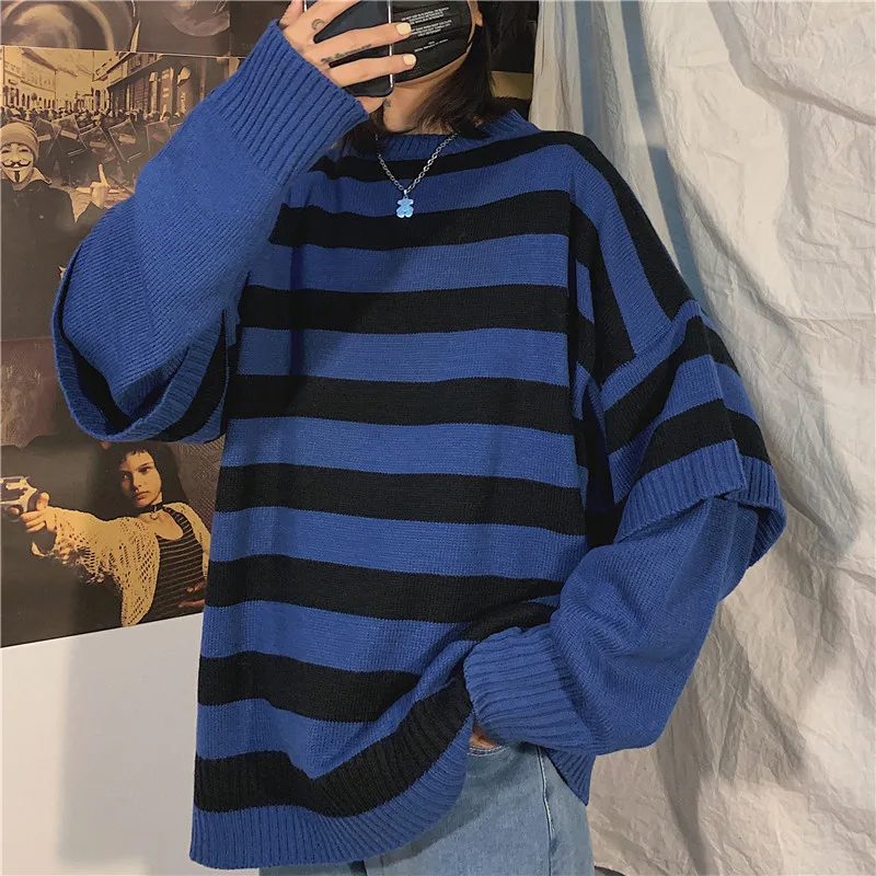 LAPPSTER Men Harajuku Oversized Sweater Fall Pullover Man Fake Two Pieces Streetwear Sweater Korean Fashion Striped Clothes