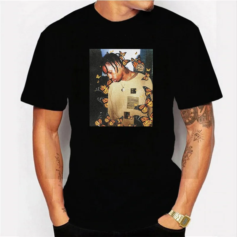 

2020 Fashion Travis Scott T Shirt Effect Rap Butterfly Music Album Cover Men 100% Cotton Summer Face Hip Hop Tops T-Shirts 2XL