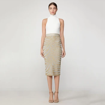 

Leger Babe 2020 Sexy Off Shoulder Gold Striped 2 Two Piece Set Women Bodycon Long Sleeve Top & Skirt Office Lady Autumn Outfits