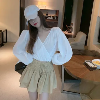 

COIGARSAM Casual Loose women High Waist V-Neck blusas womens tops and blouses White Blouse Apricot Divided 2809