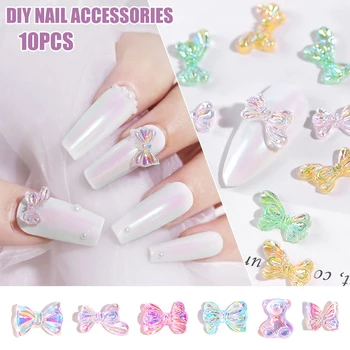 

10 Pcs Aurora Colorful Nail Art Mix 3D Decorations Bowknots Bear Butterfly Flowers Holographic Designs Manicure EY669