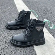 Chaussures de moto à semelle cheville pour enfants, bottes Martin à talon épais et longue queue avec ruban, nouvelle collection hiver 2021, E10263