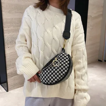 

Retro Houndztooth Pattern Chest Bags for Women 2020 Winter Lady Patchworkd Crossbody Messenger Bag Female Waist Handbag Purses