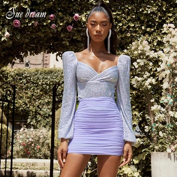 

High Quality New Women'S 2019 Autumn Fashion Sexy Tight Bodycon Deep V-Neck Silver Sequins Long-Sleeved Club Party Jumpsuit