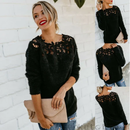 Sexy Black Lace Women Hollow Sweaters Long Sleeve Pullover Tops Sweater Ladies O Neck Jumper Out Knitwear | Женская одежда