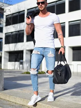 

Mens Ripped Jeans Casual Skinny slim Fit Denim Pants Biker Hip Hop Jeans with sexy Holel Skinny Distressed Jeans