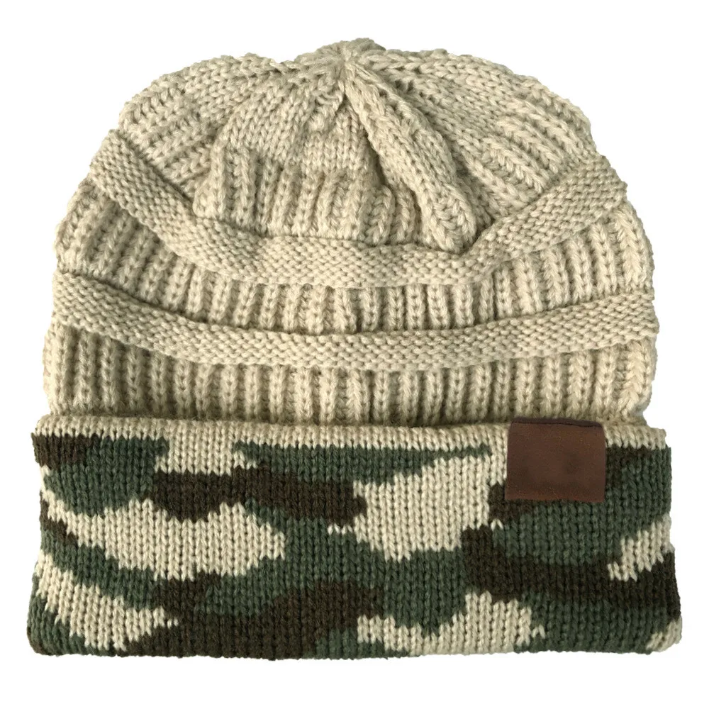 New Fashion Woman Winter Warm Hat Knit Thick Camouflage Stitching Hat Cashmere Beanies Unisex Accessories Cap