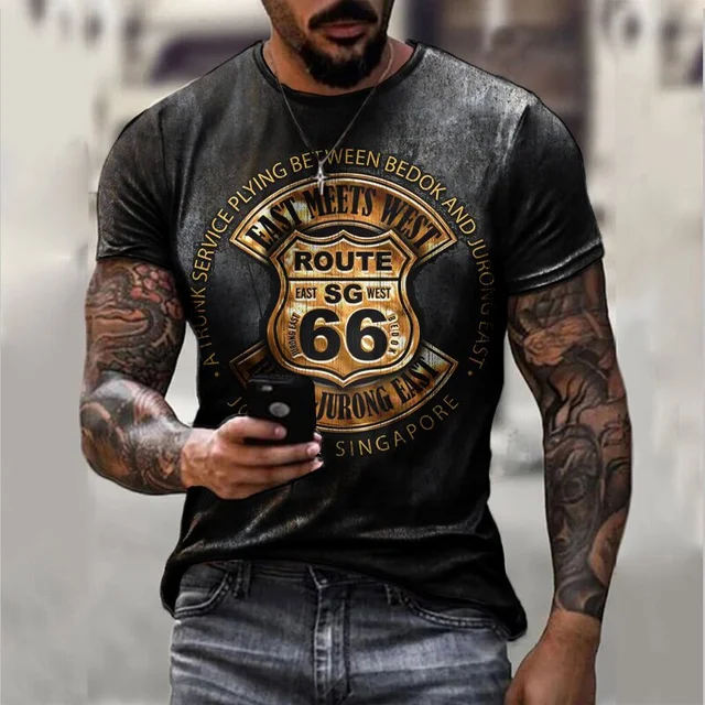 Summer New Mens T Shirts Oversized Loose Clothes Vintage Short Sleeve Fashion America Route 66 Letters Printed O Collared Tshirt 1688-L-7