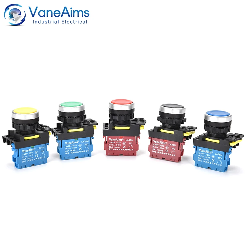 VaneAims Plastic Push Switch LA36M Plane Momentary Button Power Self-Locking Start 1NO/1NC Red Yellow Blue Green White Black