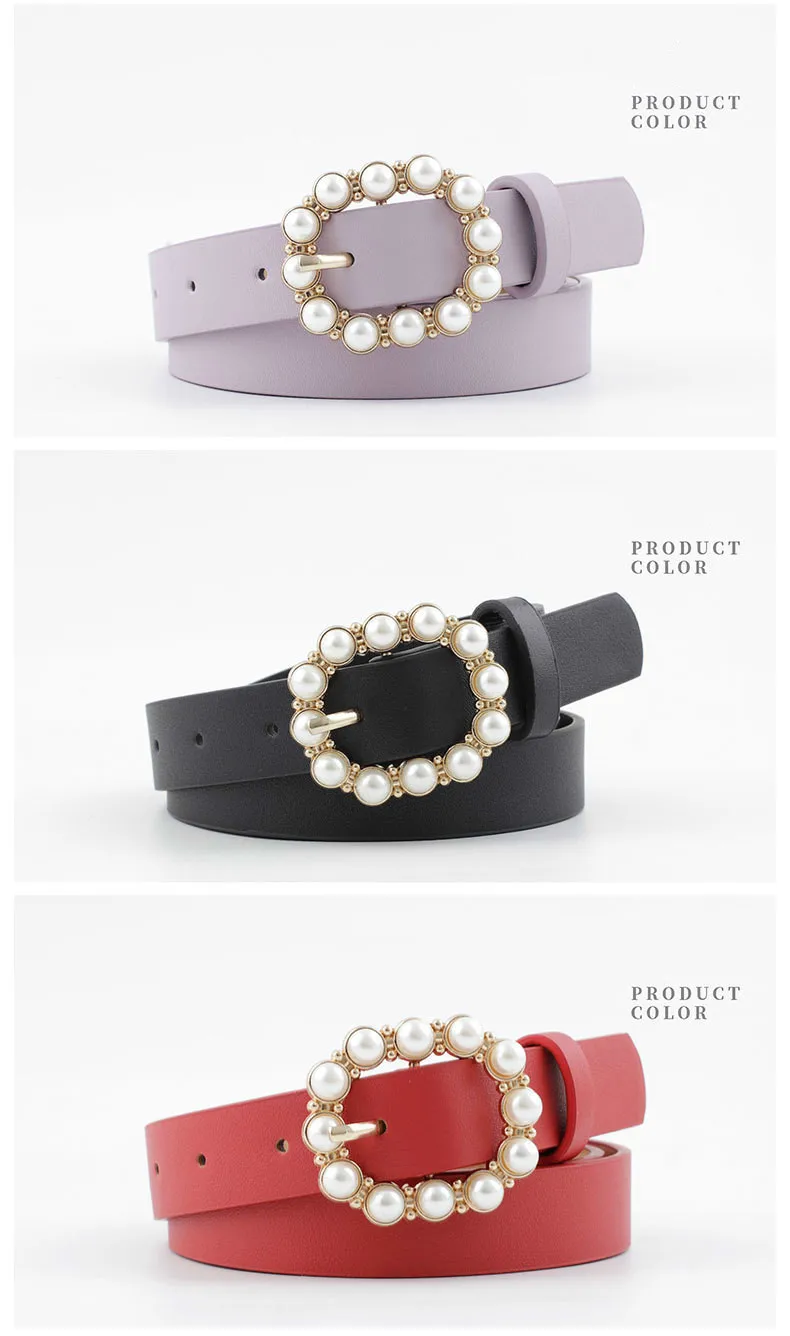 Fashion Pearl Decorative Belt Ladies Belt Round Pin Buckle Pearl Belts Women's Casual Solid PU Leather Thin Belt