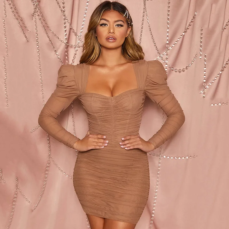 khaki ruched dress FORERUN, платье с рюшами, Сетчатое, с длинным рукавом, зимние платья, женские, вечерние, ночные, сексуальные, облегающее, мини, двойной материал, vestidos, robe Femme - Цвет: khaki ruched dress