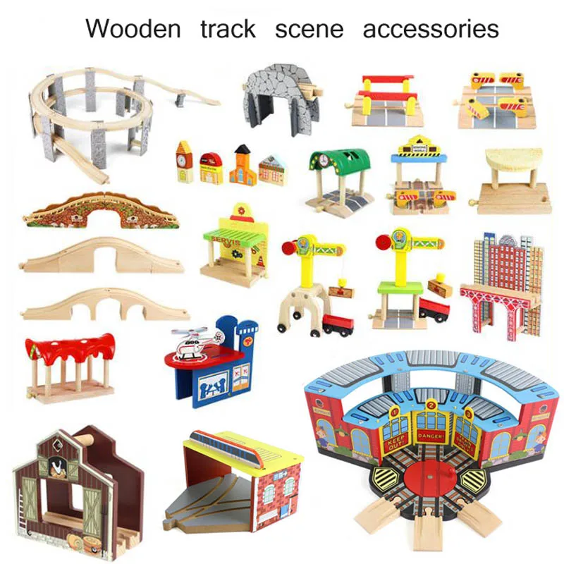 Piezas de madera para vías de tren de haya, accesorios de vía férrea de madera, puente, túnel, Cruz, Compatible con Biro, tren de madera, juguetes educativos