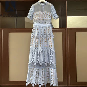 

AELESEEN Runway Fashion Maxi Lace Dress 2020 High Quality Flower Embroidery Hollow Out Blue Dress Long Party Holiday Dress
