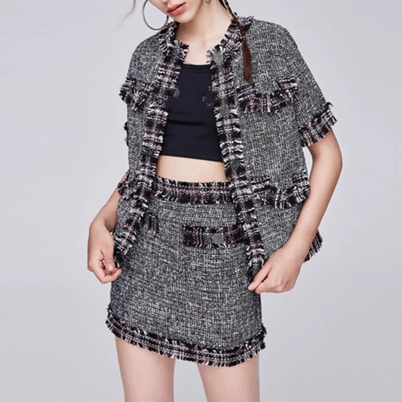 Mode Tweed Set 2 Stuk Vrouwen Korte Mouw Plaid Fringe Jas + Hoge Taille Rok Set Elegante Kantoor Dame Top en Rok Pak Mode Tweed Set 2 Stuk Vrouwen Korte Mouw Plaid Fringe Jas + Hoge Taille Rok Set Elegante Kantoor Dame Top en Rok Pak