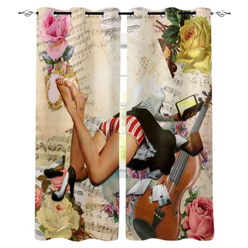 

New Luxury Curtains Retro Girl Flowers Violin Window Curtains Home Living Room/bedroom Decor Curtains for Living Room