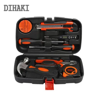 

9PCS/Set General Household Hand Tool Kit with Storage Case Electrotechnical Test Pen/Screwdriver/Ruler/Wire Pliers/Hammer/Knife