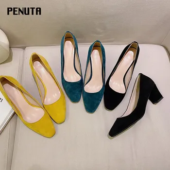 

2020 PENUTA Chunky Heels Office Shoes Women Suede Leather Thick Spring Autumn Pointed Single Shoes Female Fashion Pumps G0095