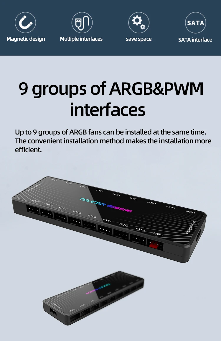 9-Port PWM & ARGB Fan Hub Splitter - 4 Pin PWM, 3 Pin Addressable RGB Adapter with SATA Interface for Desktop PC Description Image.This Product Can Be Found With The Tag Names Argb fan hub splitter, Fan hub 3 pin argb, Fan hub pwm splitter, Fan hub splitter rgb, Hub pwm 4 pin rgb