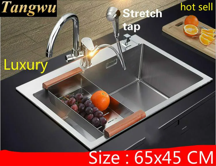 

Free shipping Apartment luxury kitchen manual sink single trough vogue do the dishes 304 stainless steel hot sell 650x450 MM