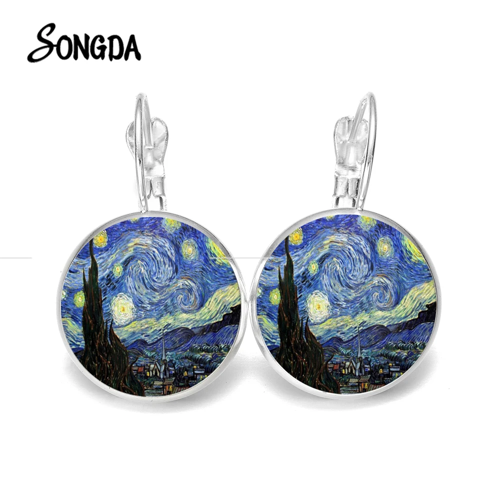 Classic Van Gogh Painting Series Earrings Starry Night Sunflower Art Photo Glass Crystal Earring Delicate Hook | Украшения и