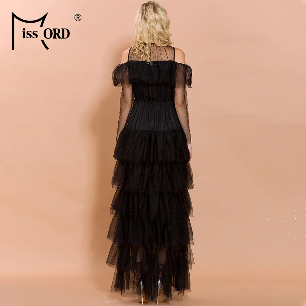 Missord Women O Neck Long Sleeve See Through Mesh Dresses Female Elegant Ruffles Maxi Dress FT19573-2