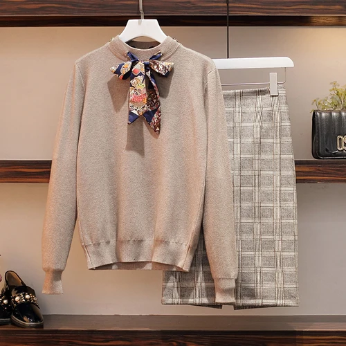 5XL размера плюс, элегантный офисный комплект из двух предметов, Женский комплект с юбкой, Женский Осенний вязаный пуловер, свитер+ клетчатая юбка, Женский комплект
