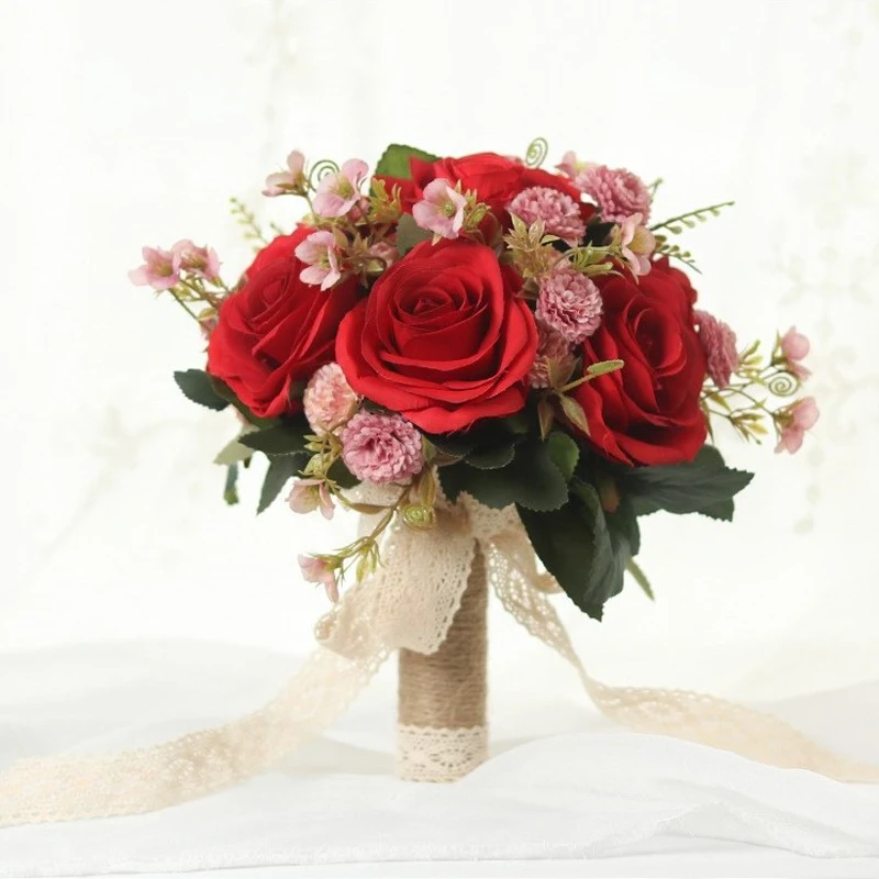 Свадебный букет, красные розы, букет, Корейская Невеста, свадебное украшение, искусственный букет цветов, держащийся за руки