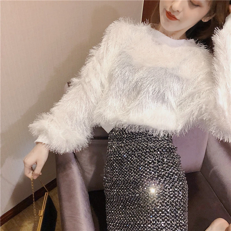 

Women Fringed Sexy Backless Sweater Fall Winter Casual Elegance O-neck Long-sleeved Short Pullover Femme Stylish Lady Jumpers