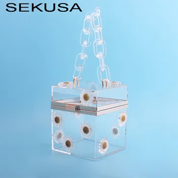 

SEKUSA clear plastic women evening bags box design flower day clutches small party wedding chain shoulder handbags