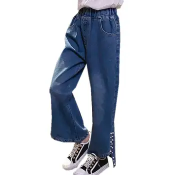 

New Autumn Children's Jeans Pants for Girls Korean Style Kids Side Split Jeans High Quality Baby Girl Loose Denim Trousers 4-13Y