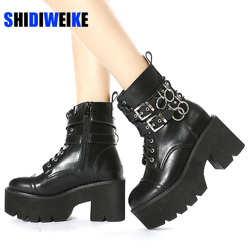 Womens Punk Chunky Heel Platform Zipper Buckle Goth Ankle Boots Shoes Plus Size